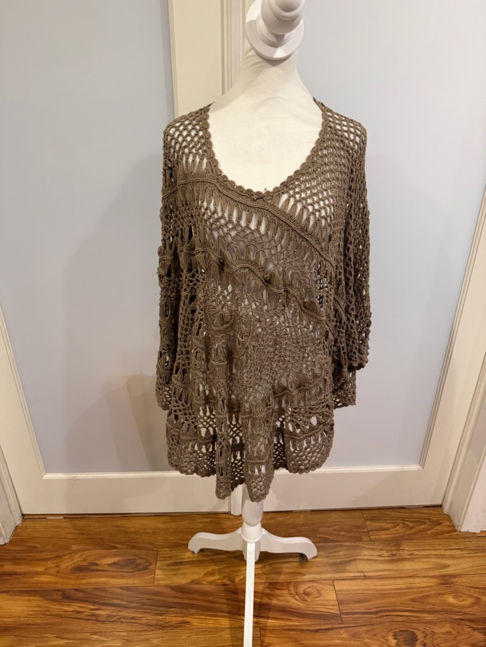 Chico's Crochet Open-Knit Off-the-Shoulder Sweater in Brown